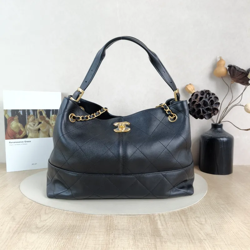 Chanel Shoulder Bag Top Handle Bag Black Calfskin One Size 36 × 14 × 24 cm