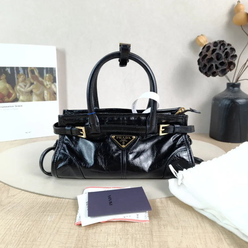 PRADA Shoulder Bag Bonnie Soft Lux Black Waxed Leather Mini 23.5 × 9 × 12 cm — cover view 6 of 6