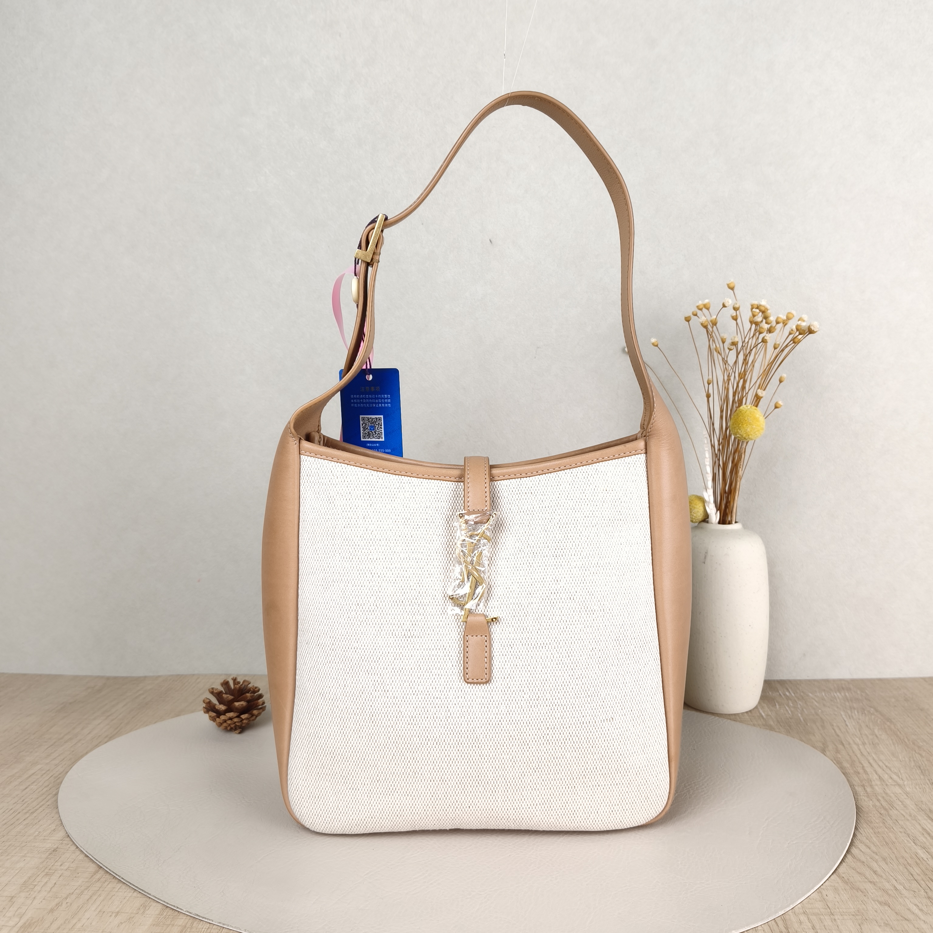 SAINT LAURENT Crossbody Bag LE 5 À 7 Hobo Inner Pouch Beige Taupe Canvas Small22.5 × 8.5 × 23 cm