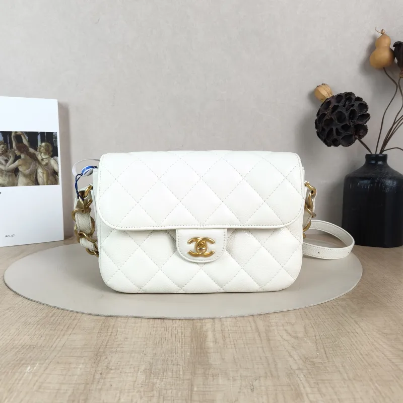 Chanel Crossbody Bag Crossbody Bag White Gold Grained Calfskin One Size 23 × 6 × 16 cm