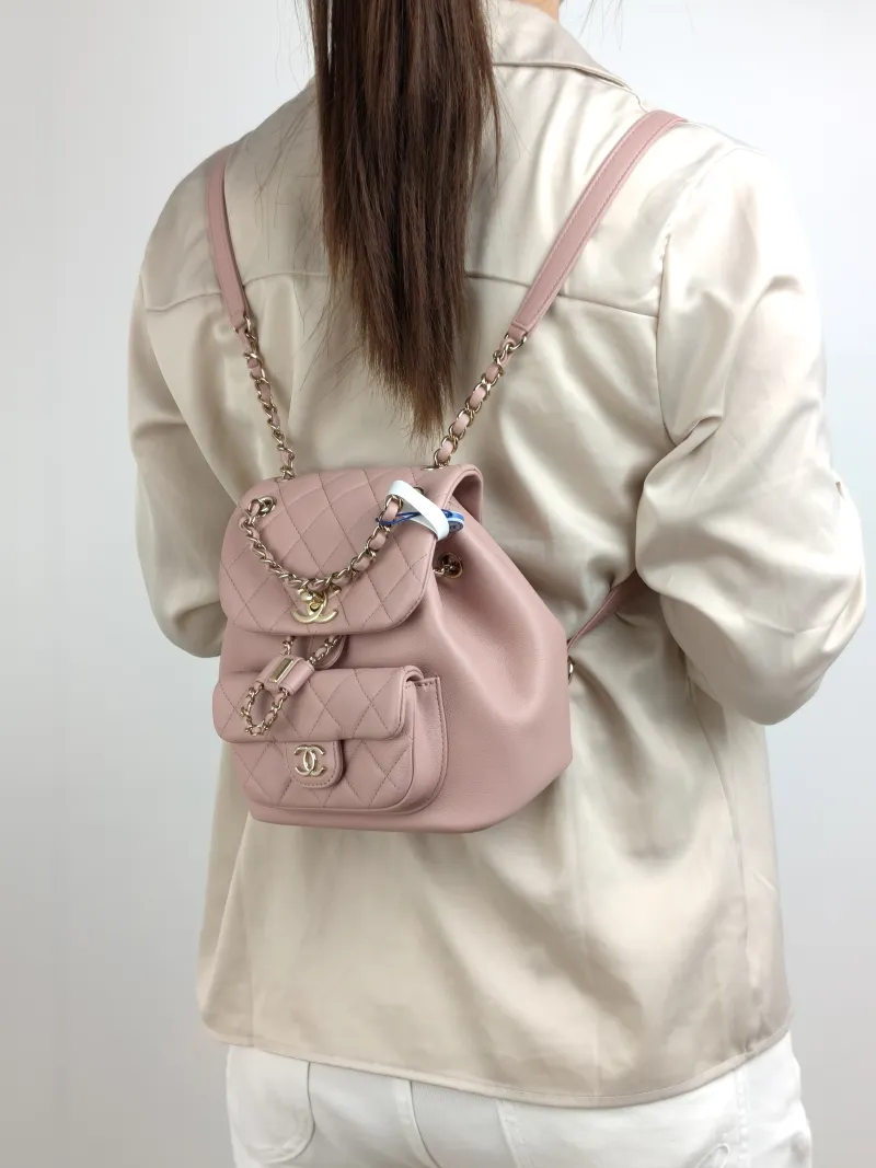 Chanel Backpack Duma Pink Calfskin Small 18 × 12 × 18.5 cm — on-model view 2 of 2
