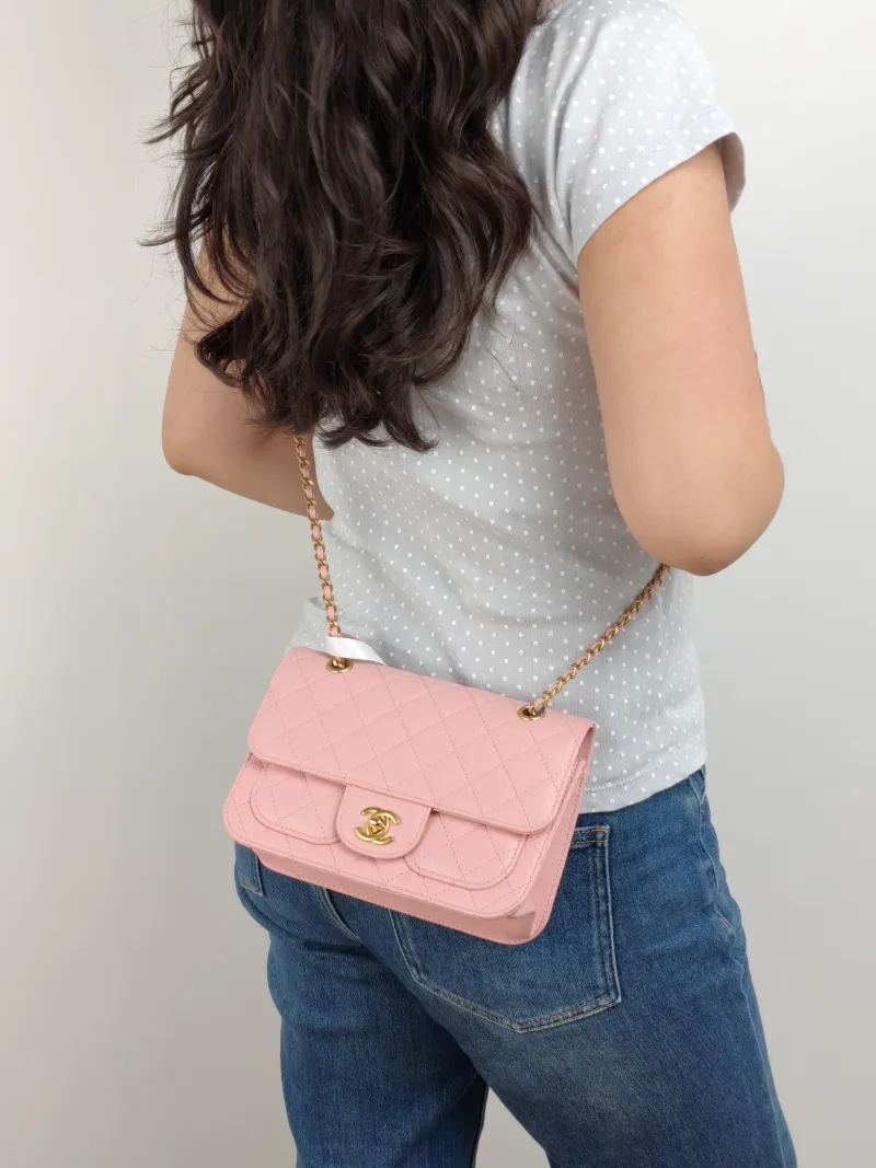 Chanel Crossbody Bag 25b mini Pink Grained Calfskin 19.5 × 6 × 13.5 cm — on-model view 1 of 2