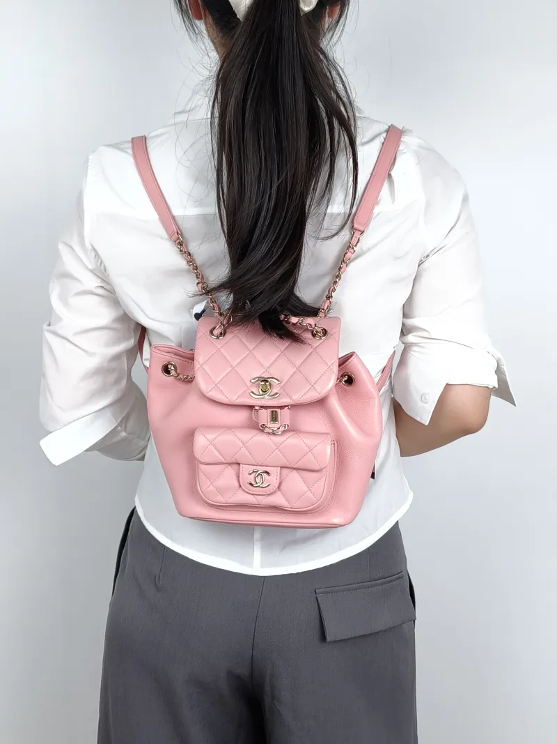 Chanel Backpack Duma Pink Calfskin Small18 × 12 × 18.5 cm — on-model view 3 of 3