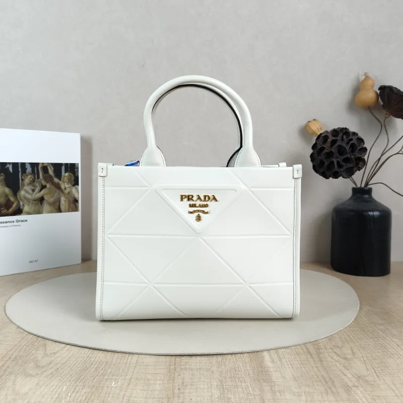 PRADA Top Handle Bag Tote Bag White Calfskin Small 24 × 10 × 18.5 cm