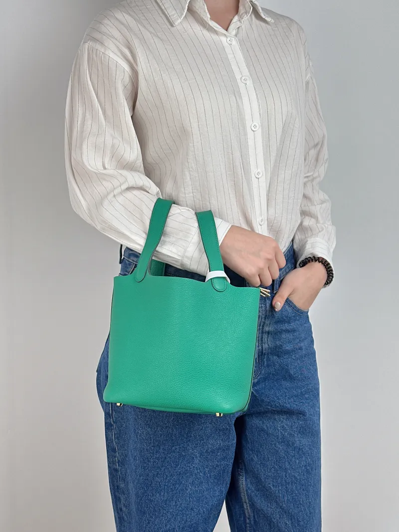 Hermès Top Handle Bag Picotin Lock 18 18 O6Vert Jade Taurillon Clemence TC Calfskin Small 18 × 13 × 18 cm U — on-model view 1 of 2