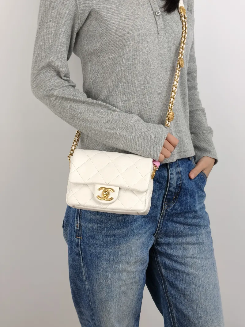 Chanel Crossbody Bag Classic Flap Mini CF Mini White Grained Calfskin Mini 17 × 6 × 12.5 cm — on-model view 1 of 2