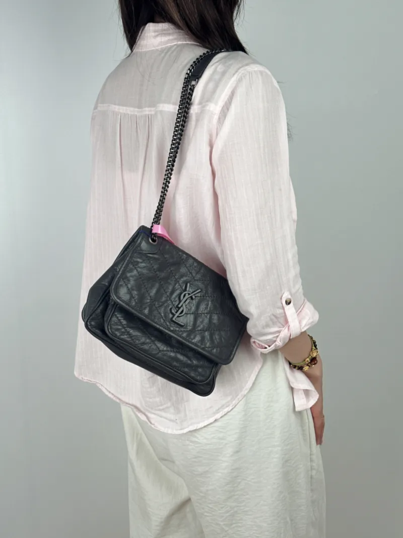 SAINT LAURENT Crossbody Bag Niki D Dark Grey Waxed Leather Calfskin Small21 × 7.5 × 16 cm — on-model view 2 of 2
