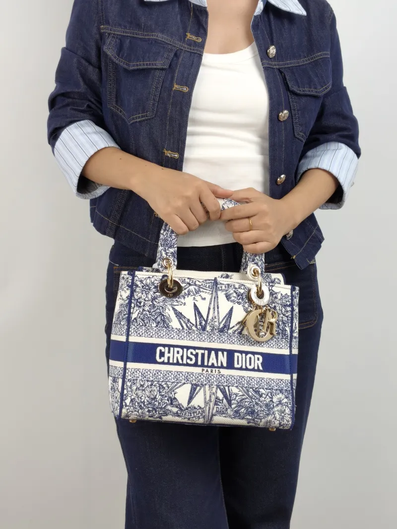 DIOR Top Handle Bag Lady Lady Dior Bag Blue Canvas Medium 24 × 12 × 21 cm — on-model view 1 of 2