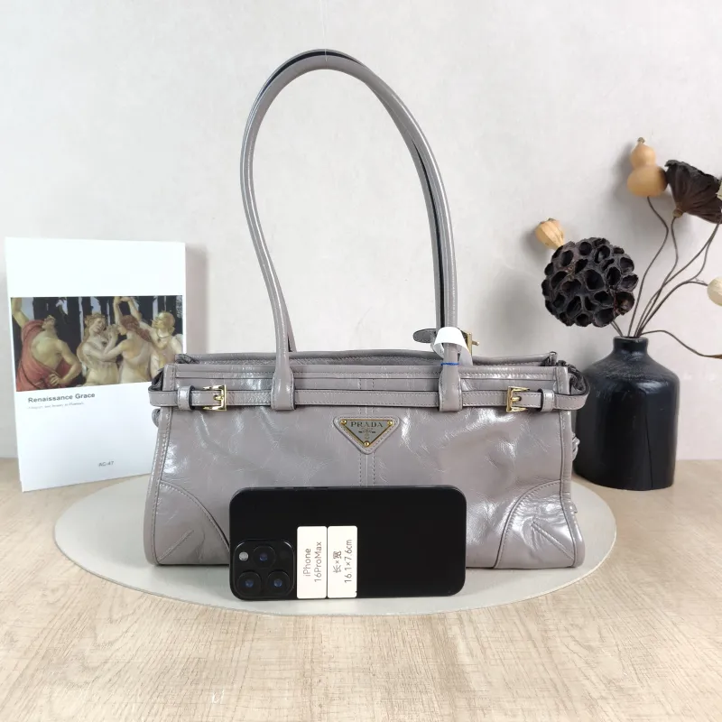 PRADA Shoulder Bag Bonnie Soft Lux Grey Waxed Leather Calfskin Medium 32 × 12 × 15.5 cm — cover view 3 of 6