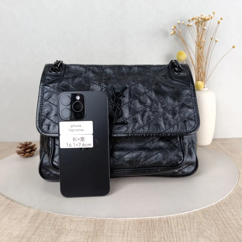 SAINT LAURENT Crossbody Bag Niki Black Waxed Leather Calfskin Medium 28 × 8.5 × 20 cm — cover view 3 of 5