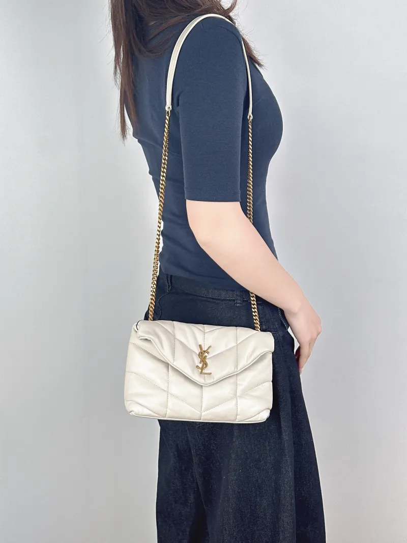 SAINT LAURENT Crossbody Bag LOULOU PUFFER White Lambskinmini23 × 8.5 × 15.5 cm — on-model view 2 of 2