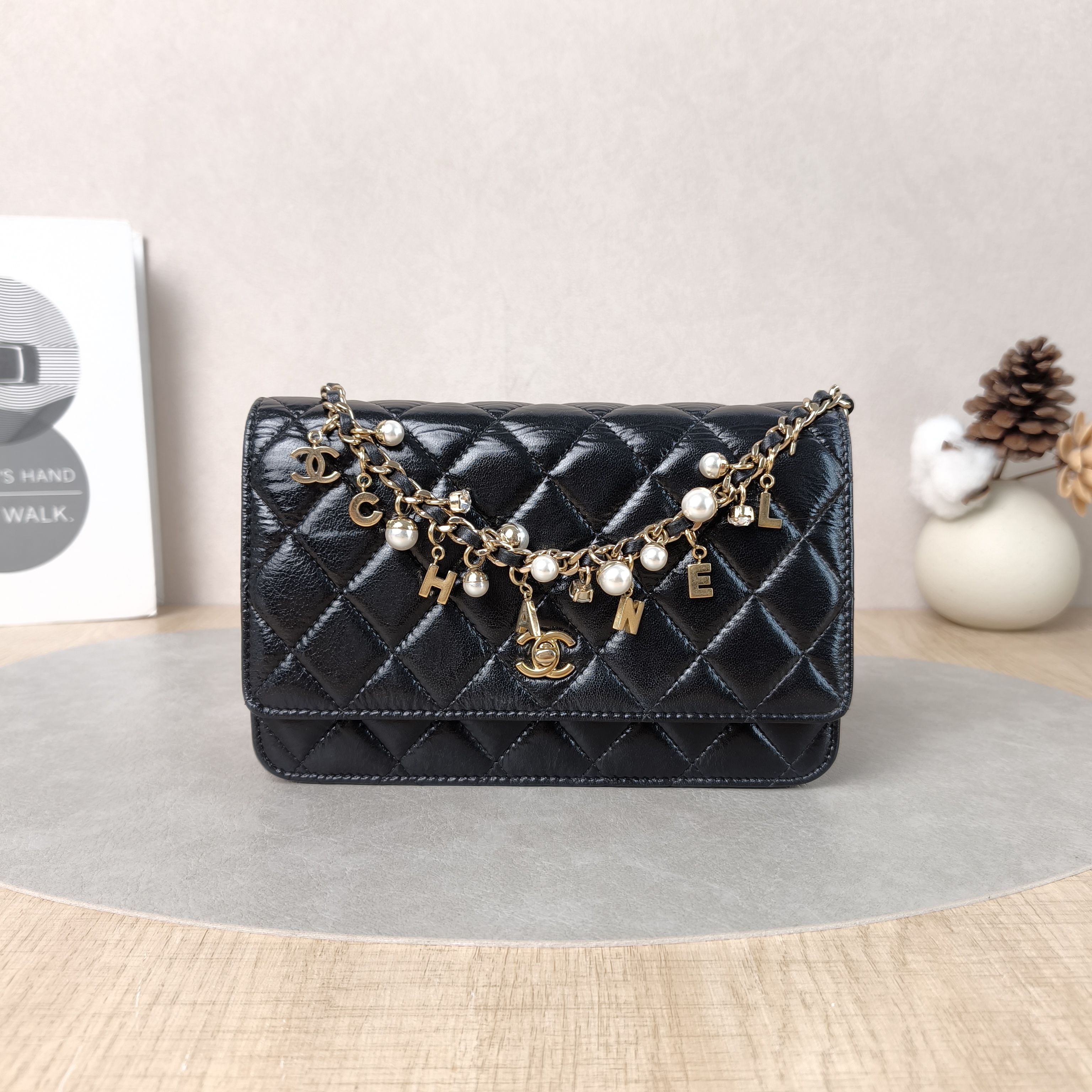 Chanel Crossbody Bag Classic Flap WOC CF WOCWOC Baglogo Pearl Black Waxed Leather One Size19.2 × 3.5 × 12.3 cm