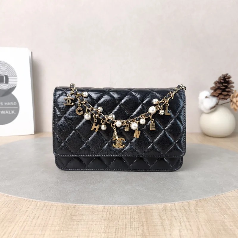 Chanel Crossbody Bag Classic Flap WOC CF WOCWOC Baglogo Pearl Black Waxed Leather One Size19.2 × 3.5 × 12.3 cm