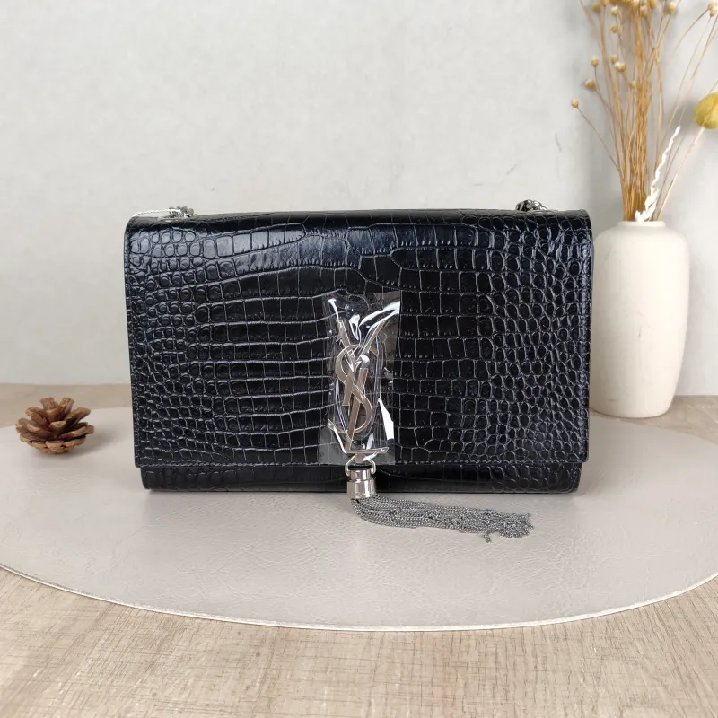 SAINT LAURENT Crossbody Bag KATE Edition Black Calfskin Medium 24 × 5.5 × 14.5 cm