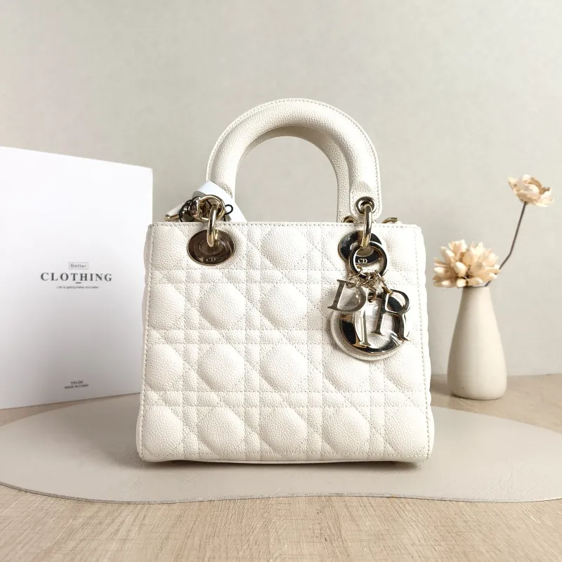 DIOR Top Handle Bag Lady Lady Dior Bag White Grained Calfskin Small20 × 8 × 18 cm