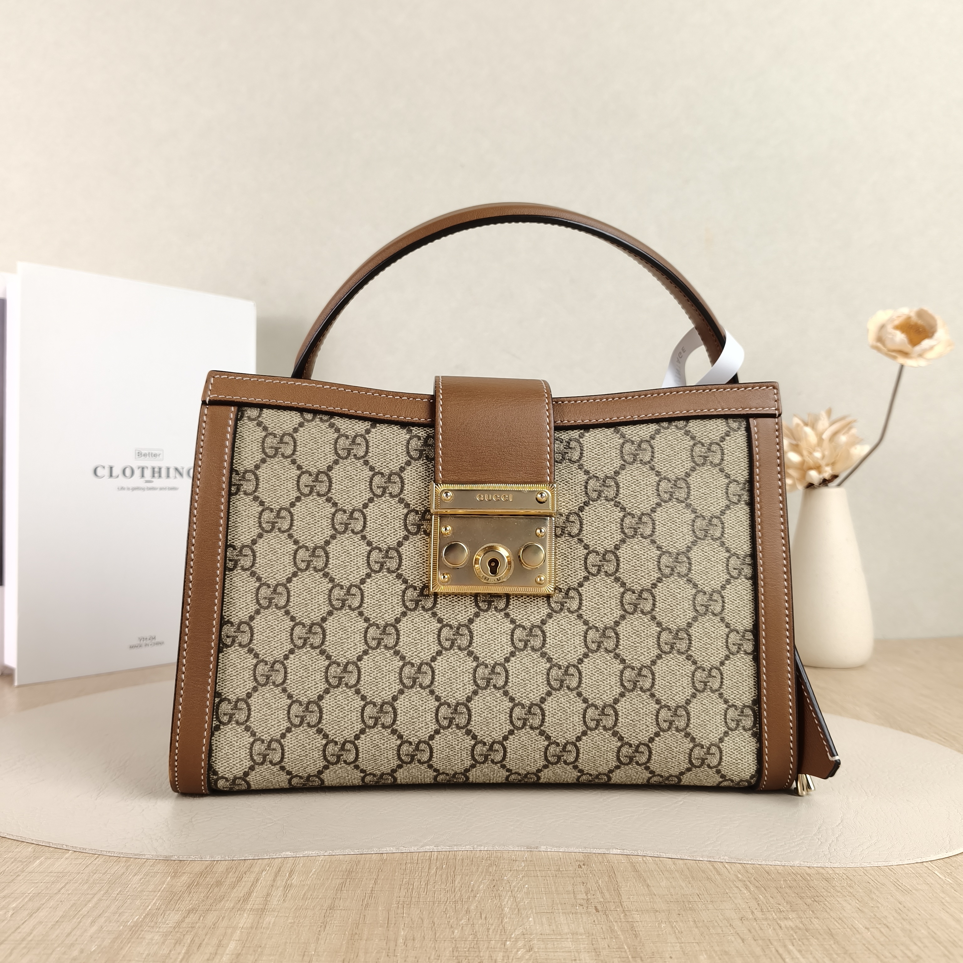 GUCCI Crossbody Bag Padlock Top Handle Bag Brown Monogram PVC · Calfskin Medium25.5 × 10 × 17.5 cm
