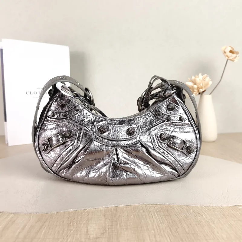 BALENCIAGA Crossbody Bag LE CAGOLE Silver Calfskin XS 26 × 7 × 16 cm