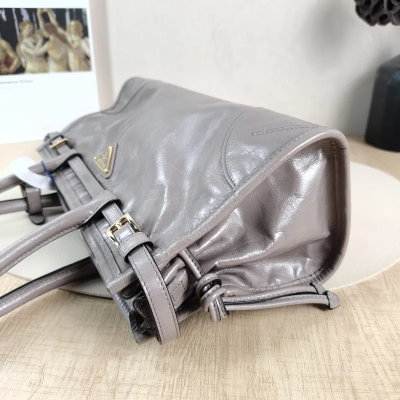 PRADA Shoulder Bag Bonnie Soft Lux Grey Waxed Leather Calfskin Medium 32 × 12 × 15.5 cm — detail view 9 of 13