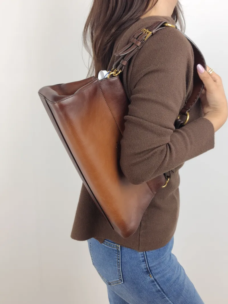 PRADA Shoulder Bag Shoulder Bag Brown Calfskin One Size 32 × 12 × 15 cm — on-model view 2 of 2