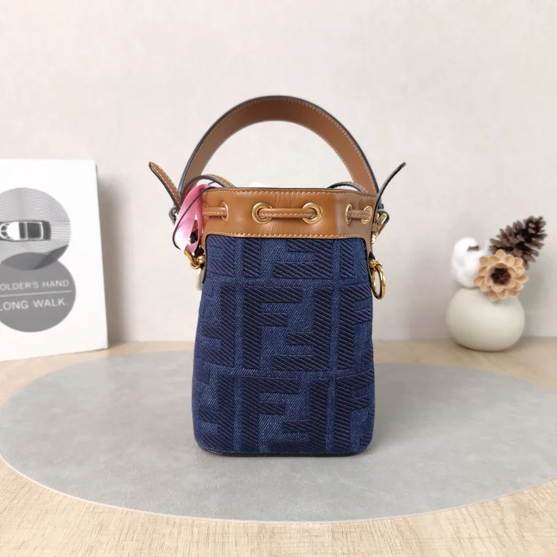 FENDI Crossbody Bag Mon Tresor Bucket Bag Blue Brown Calfskin,Canvas Mini 12 × 10 × 18 cm — cover view 5 of 6