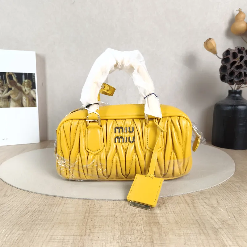 Miumiu Top Handle Bag Arcadie MatelasséCollection Edition Yellow Lambskin Medium22 × 7.5 × 10.5 cm