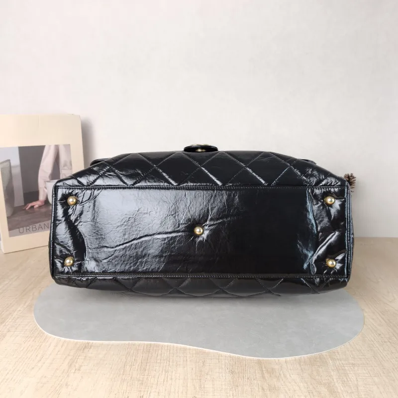 Chanel Crossbody Bag Bowling Bag Black Waxed Leather One Size 42 × 15 × 27 cm — cover view 4 of 5