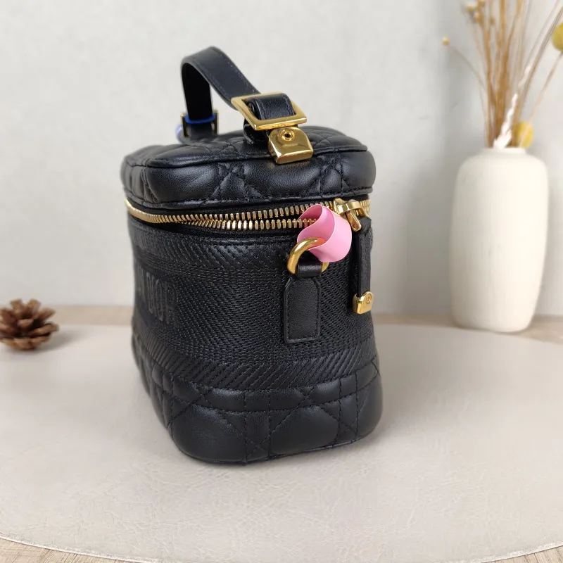 DIOR Top Handle Bag Travel Vanity Cosmetic Bag Black Lambskin Canvas 18.5 × 10 × 14 cm — detail view 4 of 11