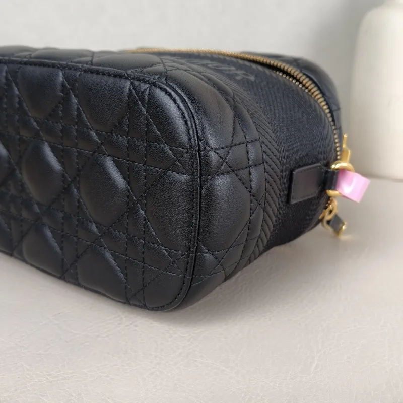 DIOR Top Handle Bag Travel Vanity Cosmetic Bag Black Lambskin Canvas 18.5 × 10 × 14 cm — detail view 9 of 11