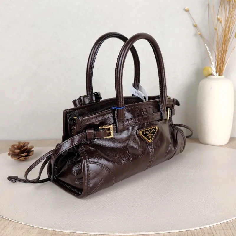PRADA Top Handle Bag Bonnie Soft Lux Brown Waxed Leathermini23.5 × 9 × 12 cm — cover view 4 of 5