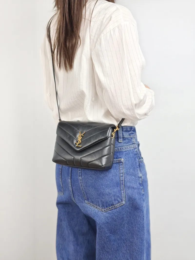 SAINT LAURENT Crossbody Bag LOULOU Black Calfskin Mini 20 × 7.5 × 14 cm — on-model view 2 of 2