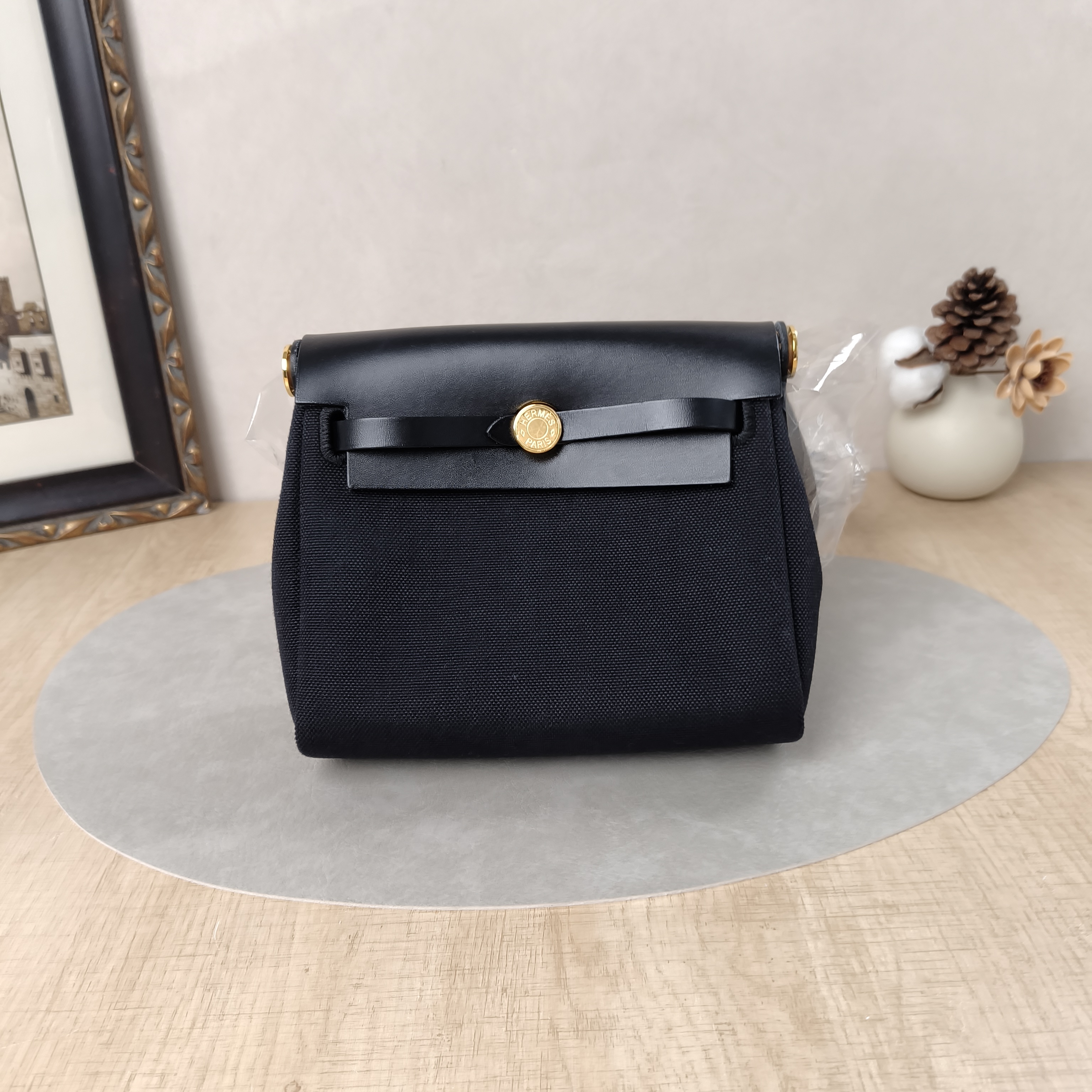 Hermès Crossbody Bag Herbag Zip 20Black Calfskin，Canvasmini20.5 × 7 × 16.5 cm