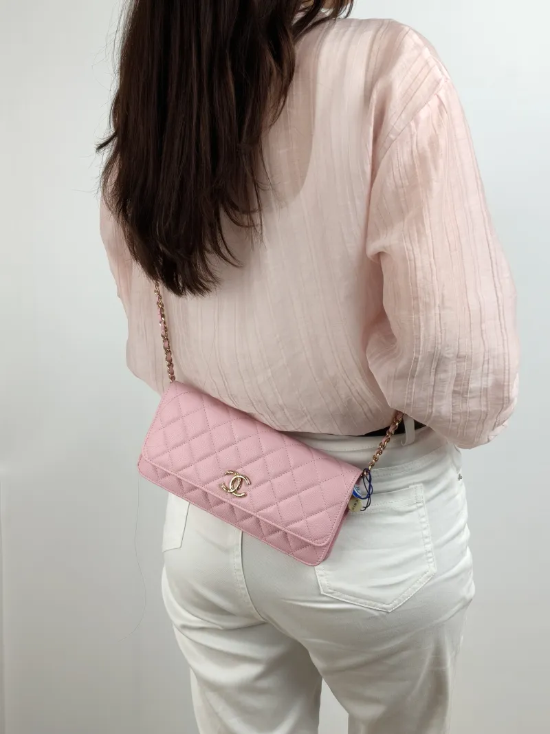 Chanel Shoulder Bag Baguette Bag Pink Calfskin One Size 22 × 3 × 10.5 cm — on-model view 1 of 2