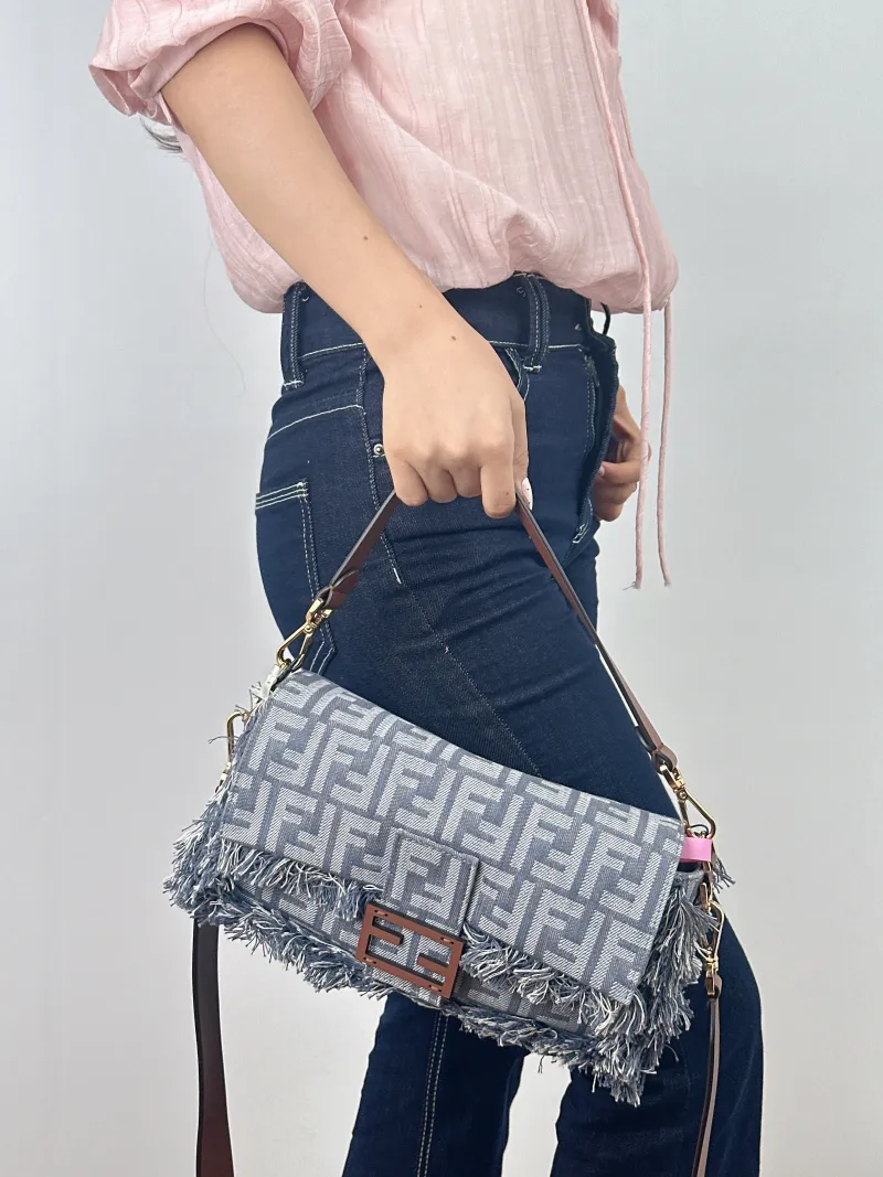 FENDI Crossbody Bag Baguette Baguette Bag Blue Canvas Medium 27 × 6 × 15 cm — on-model view 2 of 2