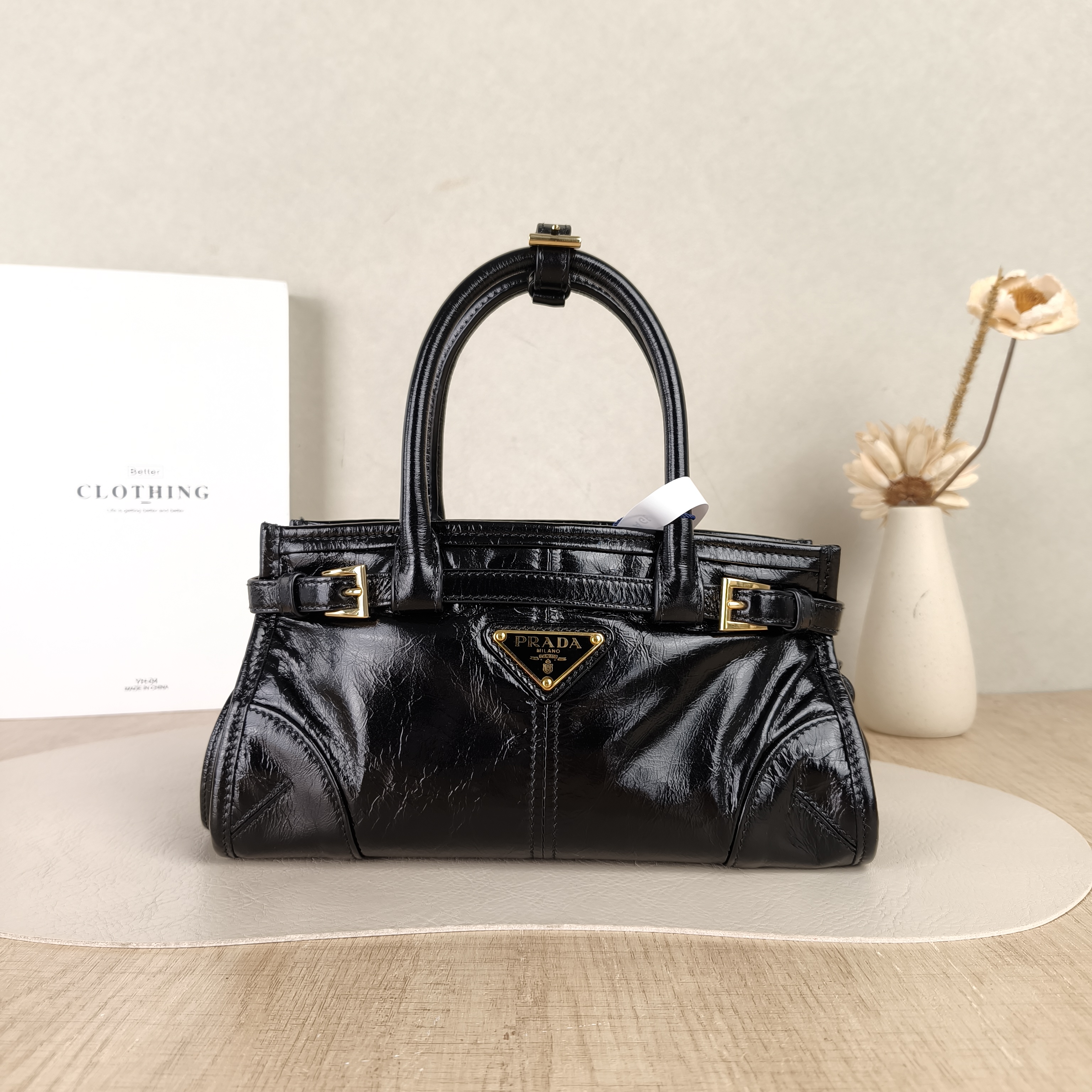 PRADA Shoulder Bag Bonnie Soft Lux Black Waxed Leathermini23.5 × 9 × 12 cm