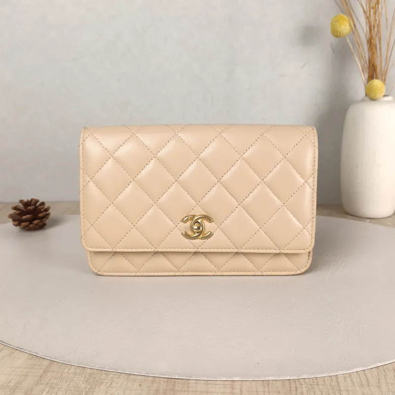 Chanel Crossbody Bag CF WOC Taupe Lambskin Mini 19.2 × 3.5 × 12.3 cm