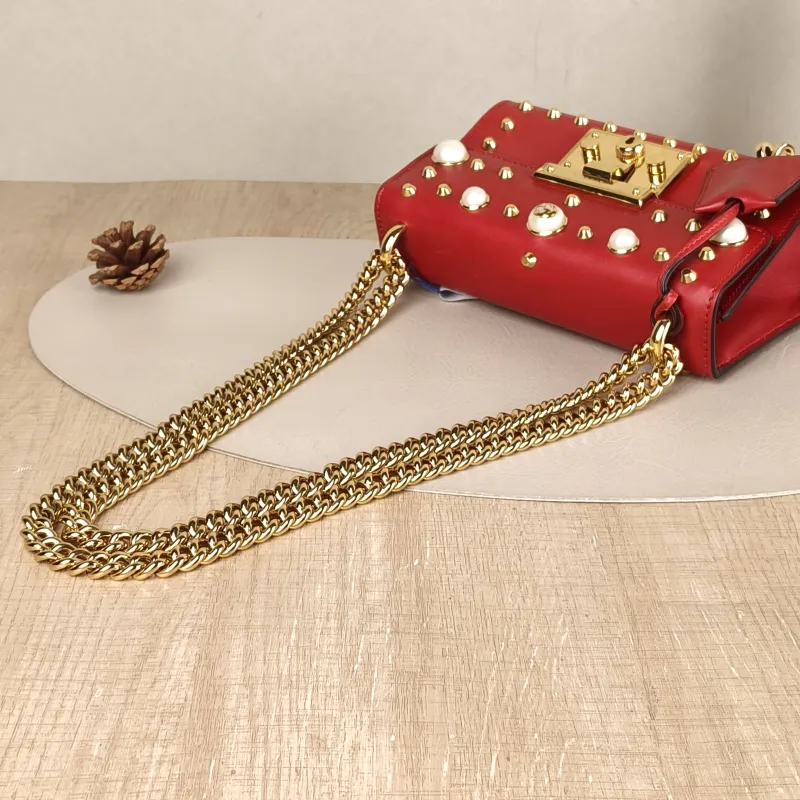 GUCCI Crossbody Bag Padlock Pearl Edition Red Calfskin Small 20.5 × 7.5 × 13 cm — detail view 12 of 13