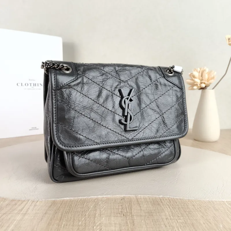 SAINT LAURENT Crossbody Bag Niki D Dark Grey Waxed Leather Calfskin Small 21 × 7.5 × 16 cm — cover view 3 of 5