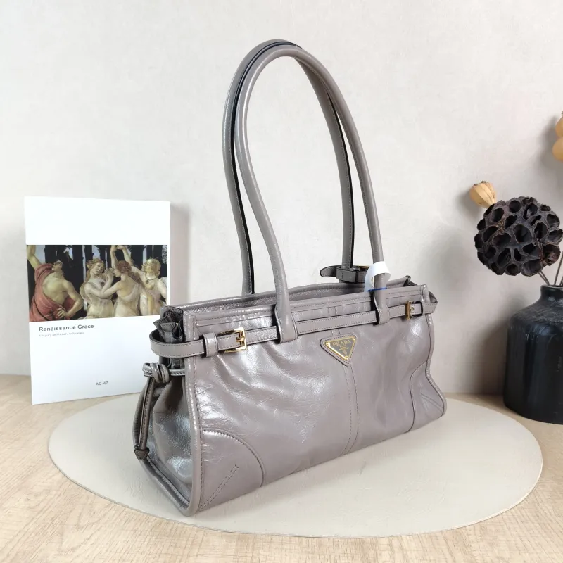 PRADA Shoulder Bag Bonnie Soft Lux Grey Waxed Leather Calfskin Medium 32 × 12 × 15.5 cm — cover view 2 of 6