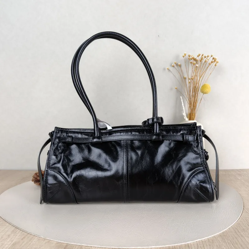 PRADA Shoulder Bag Bonnie Soft Lux Black Waxed Leather Medium32 × 12 × 15.5 cm — cover view 4 of 5