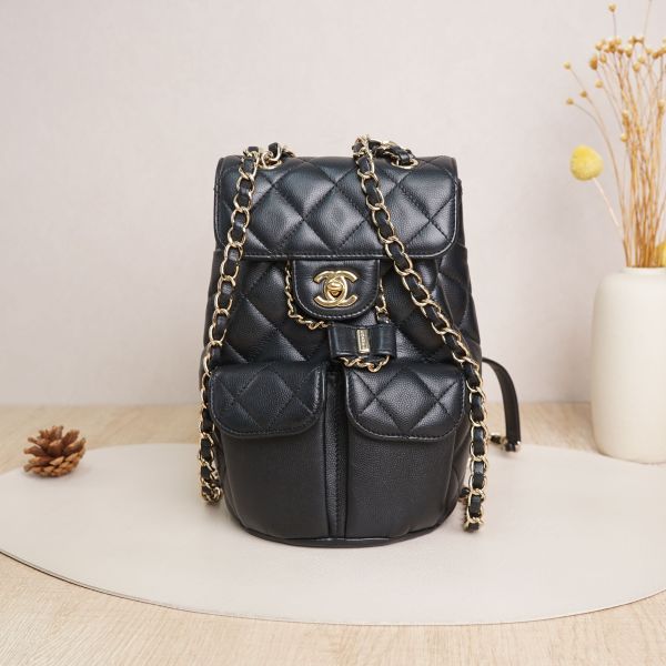 Chanel Backpack Black with Gold-Tone Hardware Calfskin Microchip Edition · Dust Bag · 14 × 14 × 23 cm