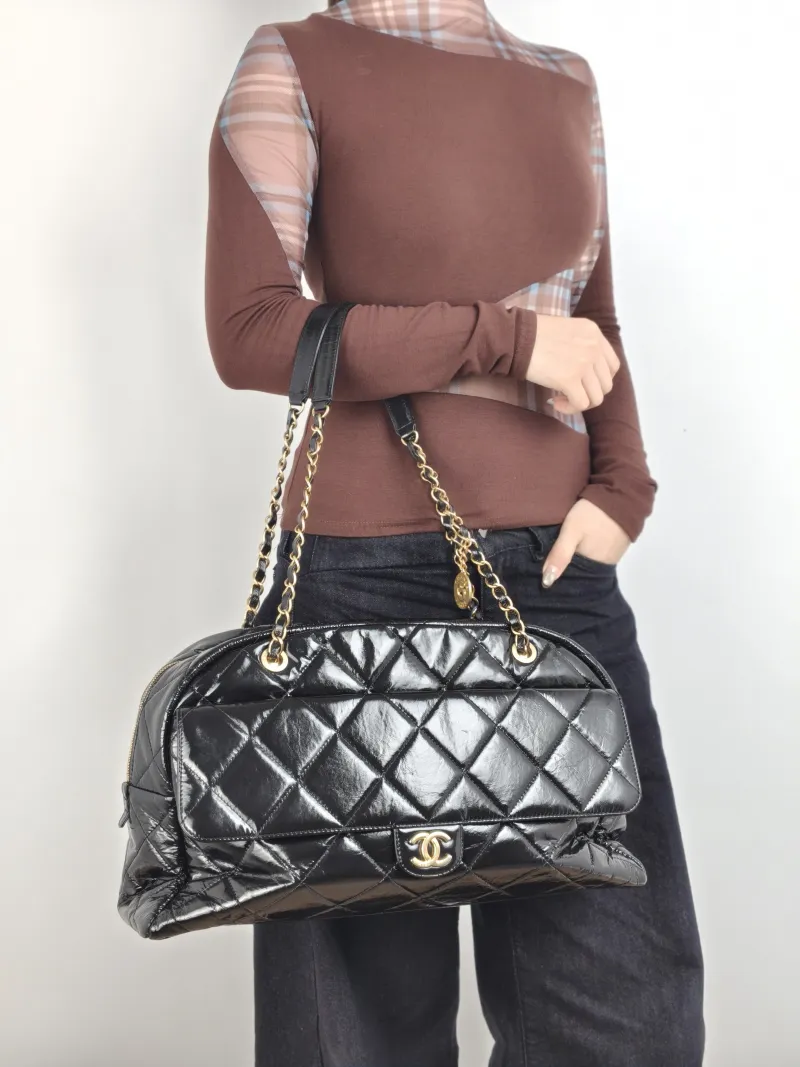 Chanel Crossbody Bag Bowling Bag Black Waxed Leather One Size 42 × 15 × 27 cm — on-model view 2 of 2