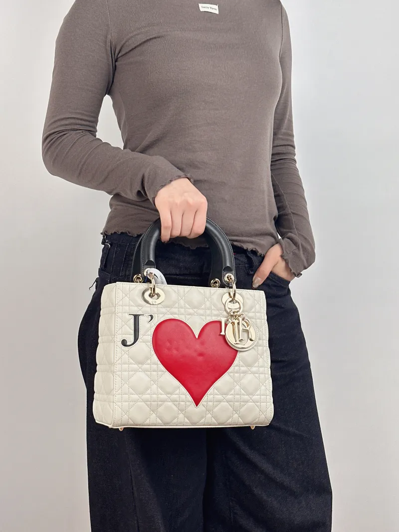 DIOR Top Handle Bag Lady Lady Dior Bag White Calfskin Medium Edition 24 × 12 × 21 cm — on-model view 1 of 3