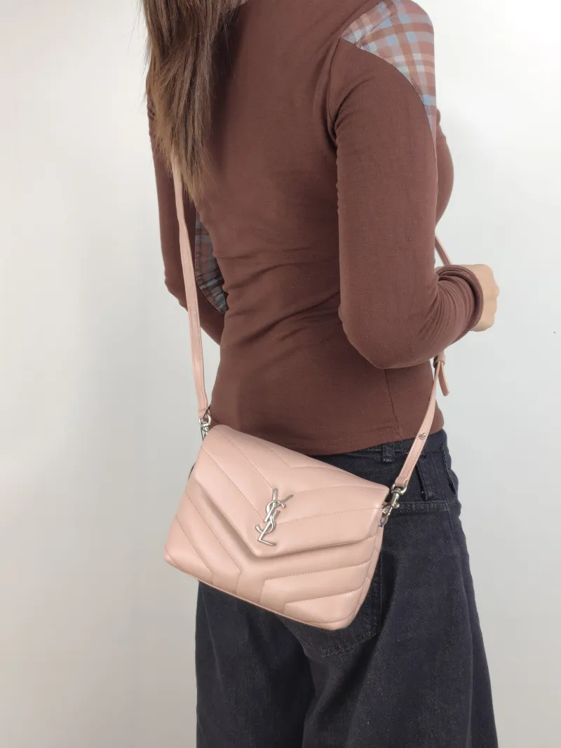 SAINT LAURENT Shoulder Bag LOULOU Pink Calfskin Mini 20 × 7.5 × 14 cm — on-model view 2 of 2