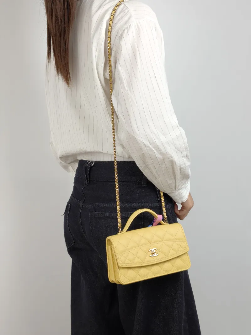 Chanel Crossbody Bag Yellow Grained Calfskin One Size 19 × 7 × 11.5 cm — on-model view 3 of 3
