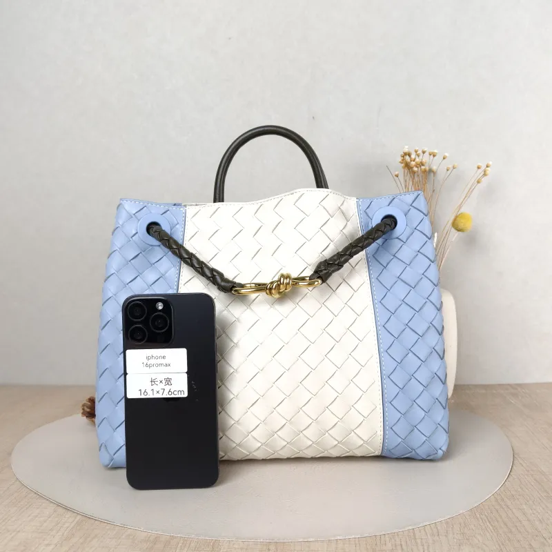 Bottega Veneta Top Handle Bag Woven Top Handle Bag Blue White Calfskin 30 × 12 × 24 cm — cover view 3 of 5
