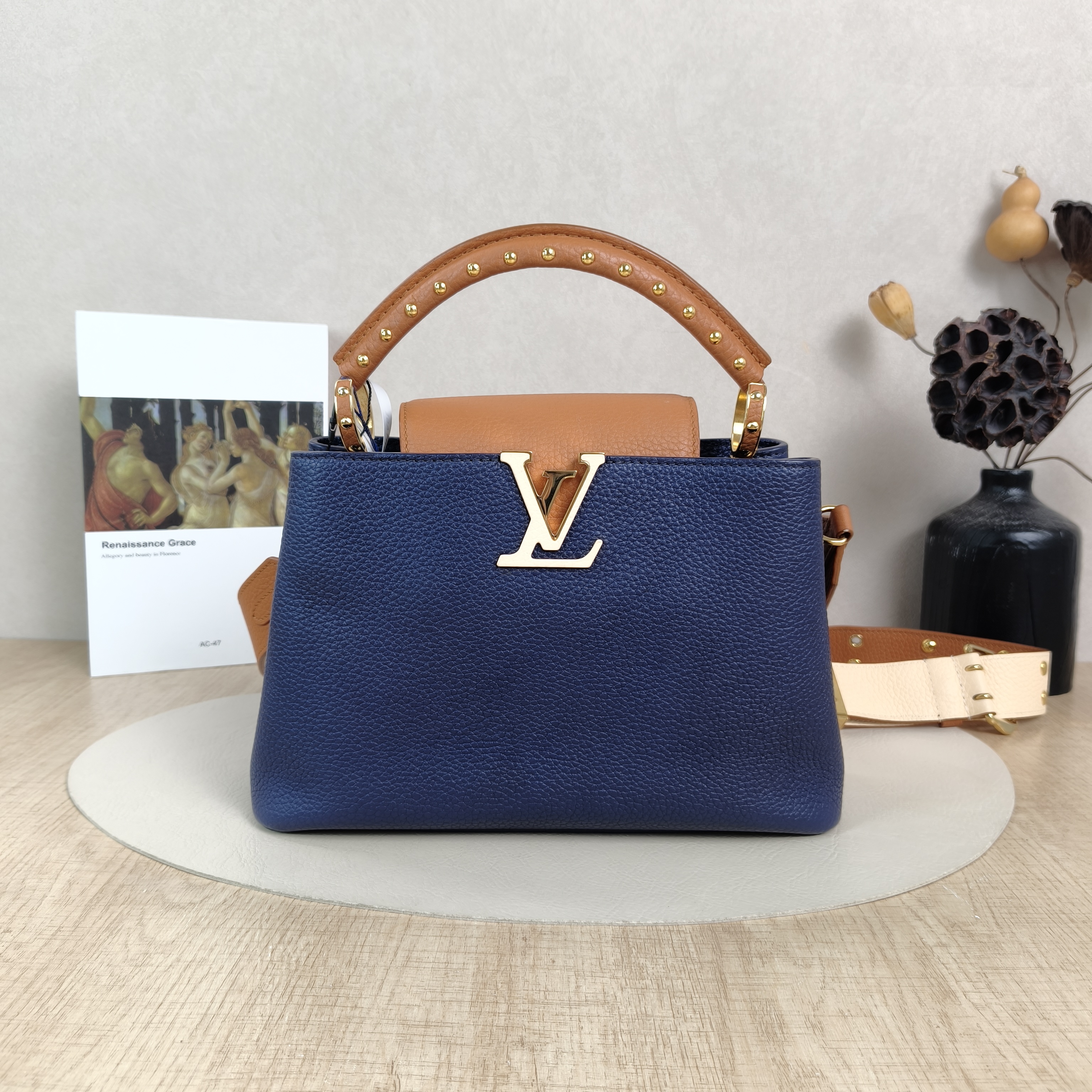 Louis Vuitton Top Handle Bag Capucines Blue Brown Calfskin BB27 × 9 × 17.5 cm
