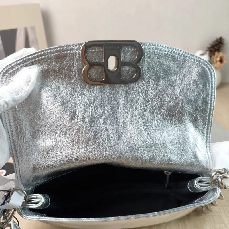 BALENCIAGA Crossbody Bagsoft bb Crossbody Bag Silver Calfskin 23.5 × 3 × 13.5 cm — detail view 8 of 13