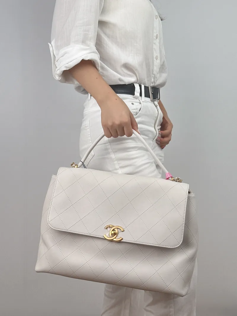 Chanel Top Handle Bag White Calfskin Large 38 × 11 × 27 cm — on-model view 2 of 2