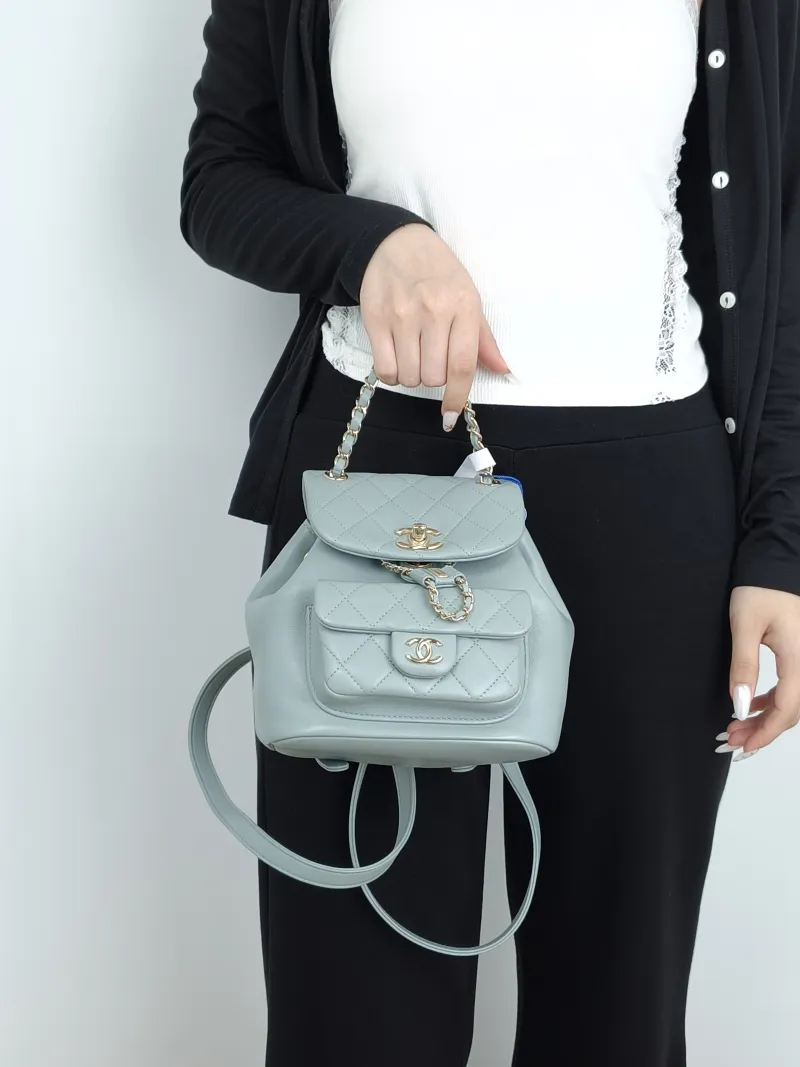 Chanel Backpack Duma Green Calfskin Small18 × 12 × 18.5 cm — on-model view 3 of 3