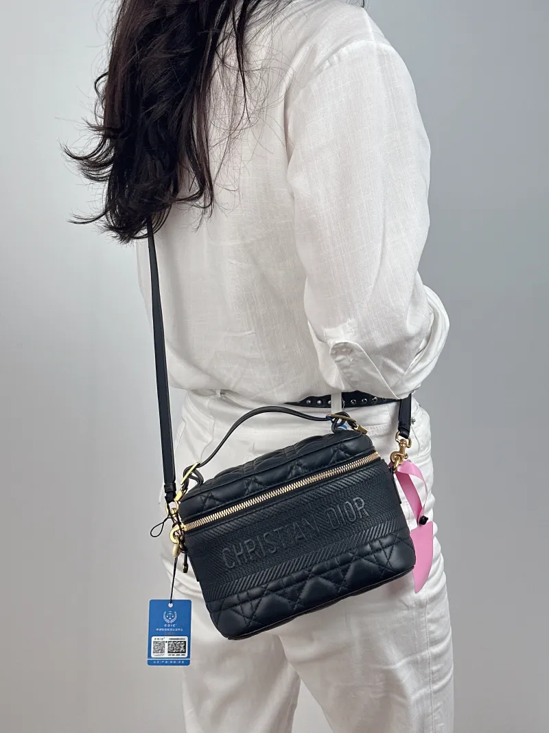 DIOR Top Handle Bag Travel Vanity Cosmetic Bag Black Lambskin Canvas 18.5 × 10 × 14 cm — on-model view 1 of 2